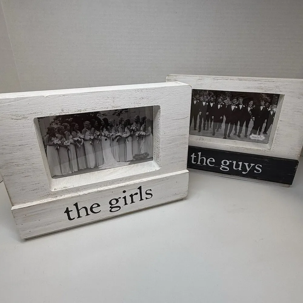 Mud Pie THE GIRLS & THE GUYS Wedding Party Wooden Picture Frames Set Of 2 New